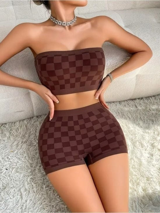 Seamless Crop & Shorts Set - Top in Brown Sz M Plaid