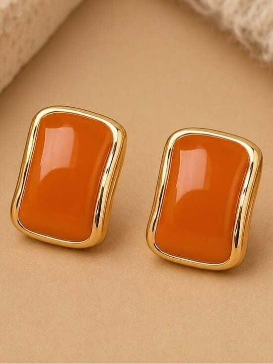 Gold-Trim Orange Rectangle Stud Earrings