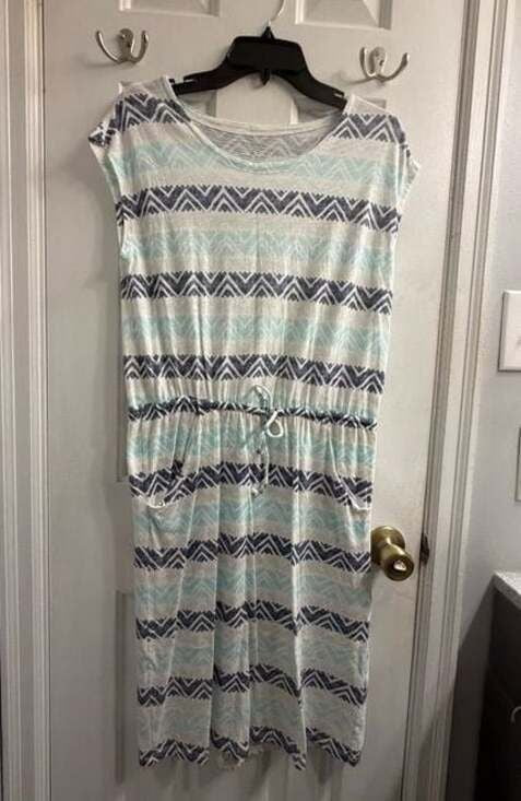 Sonoma Striped Drawstring Midi Dress in Light Blue and Navy Sz Medium