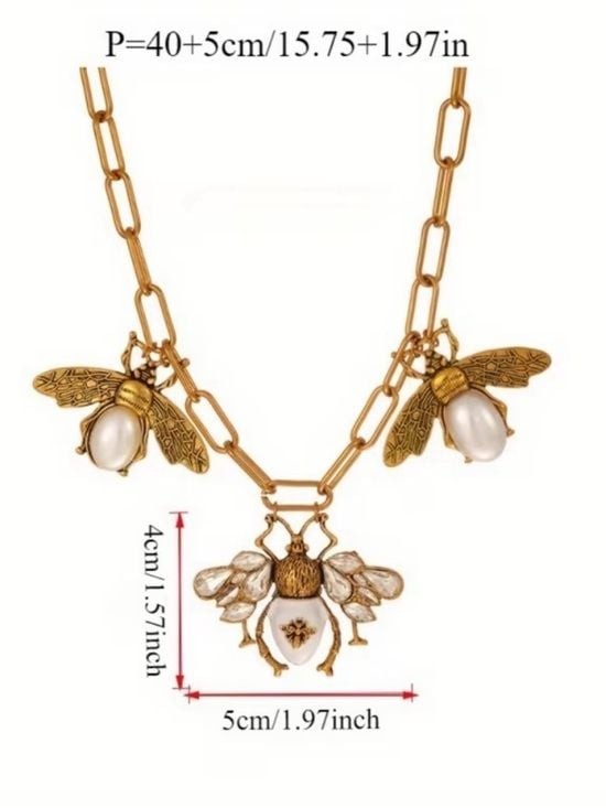 Gold Bee Pendant Necklace with White Pearl and Crystal Accents