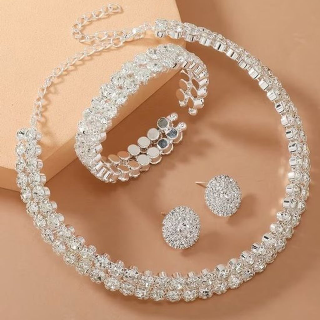 Crystal Pavé Silver-Tone Necklace and Bracelet Set - Elegant White Sparkle