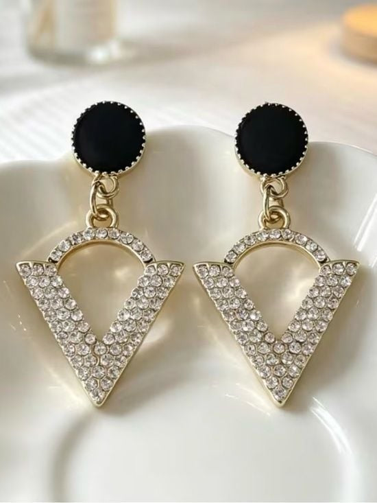 Gold-Tone V Drop Earrings with Black Enamel Discs and Crystals