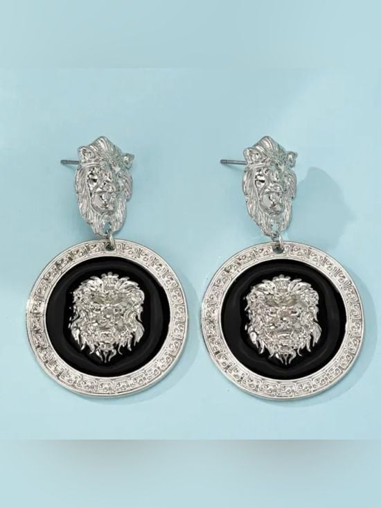 White Luxury Medallion Silver and Black Lionshead Drop Dangle Earrings