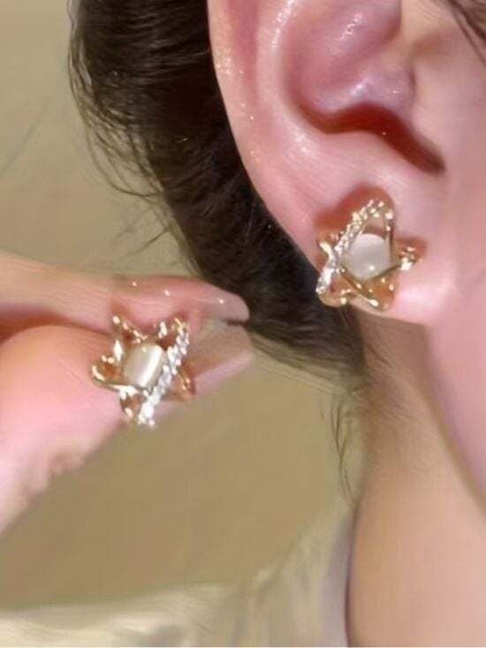 Gold Orbit Pearl Stud Earrings - Women's Gold and Ivory Pearl