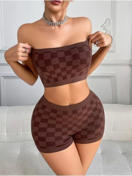 Seamless Crop & Shorts Set - Top in Brown Sz M Plaid