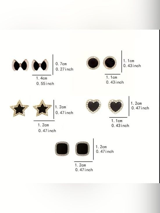 5 Pairs Women's Black Crystal Stud Earring Set with Gold Accent