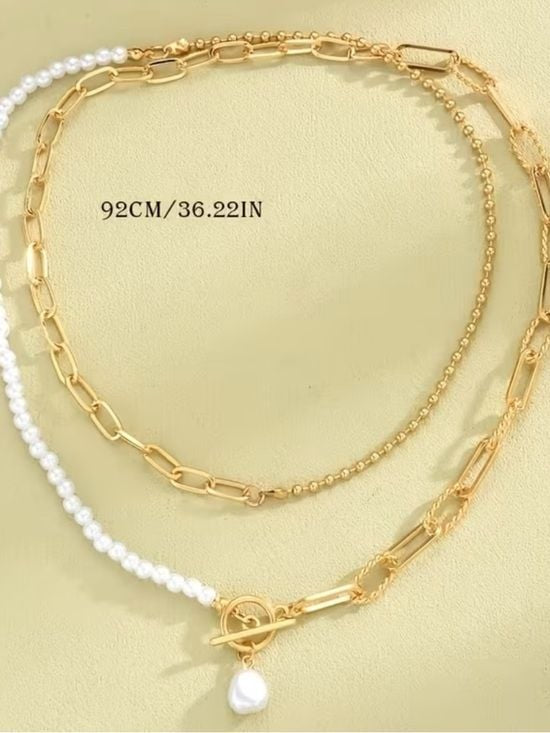Gold Pearl Toggle Layered Necklace - Unbranded