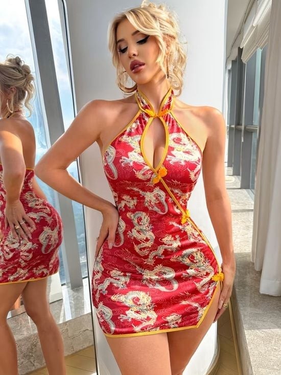 Red Dragon-Print Halter Mini Dress with Yellow Trim Medium