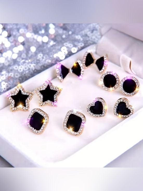 5 Pairs Women's Black Crystal Stud Earring Set with Gold Accent