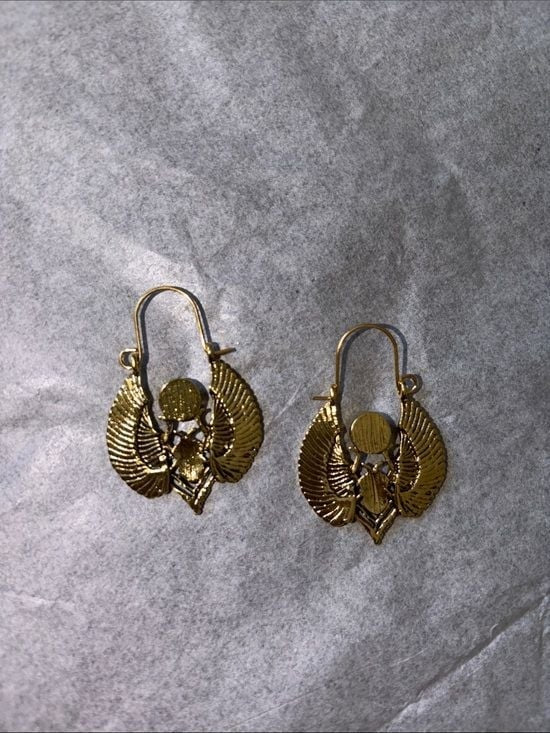 Gold Winged Scarab Earrings with Green Gemstone - Women Jewelry