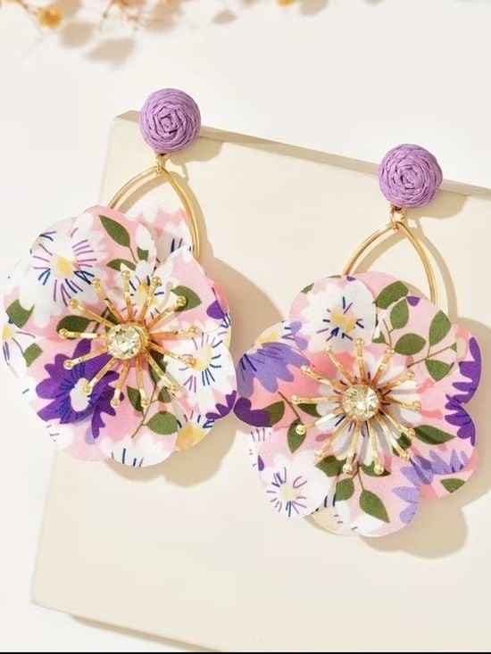Floral Pink & Purple Statement Drop Earrings