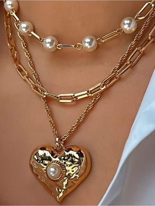 2 x  Layered Heart Pendant Necklace with Pearl Accents - Women Jewelry