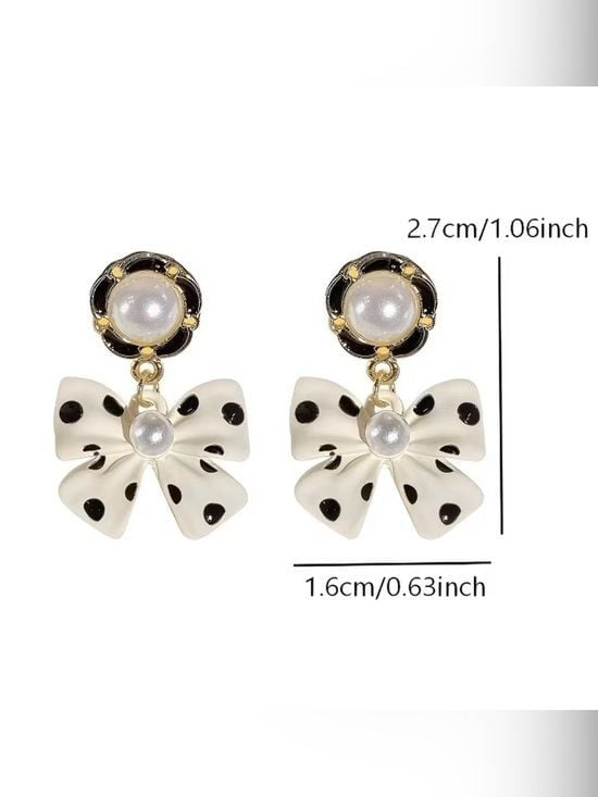 Black White Polka Dot Bow Drop Earrings with Pearl Detail