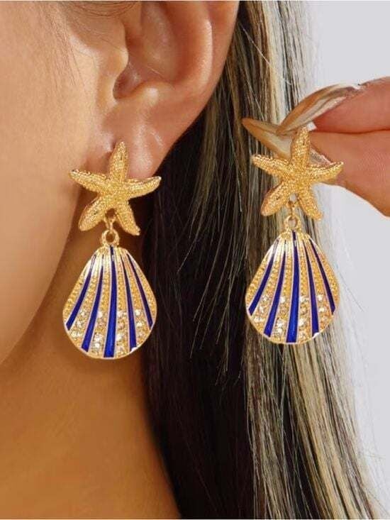 Vacation Themed Gold Blue Shell Earrings with Blue Enamel Shells