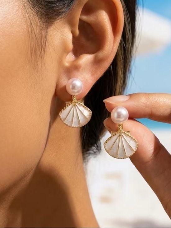 Gold-Trim Pearl & Shell Drop Earrings - White