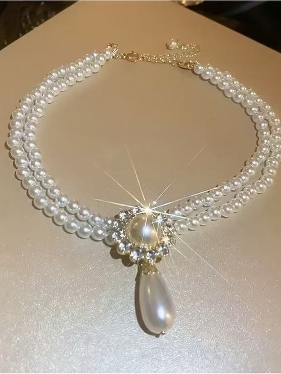 Triple-Strand Pearl Choker Necklace with Gold Floral Drop