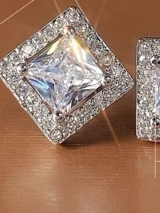 Unisex Square Halo Cubic Zirconia Stud Earrings - Silver Tone