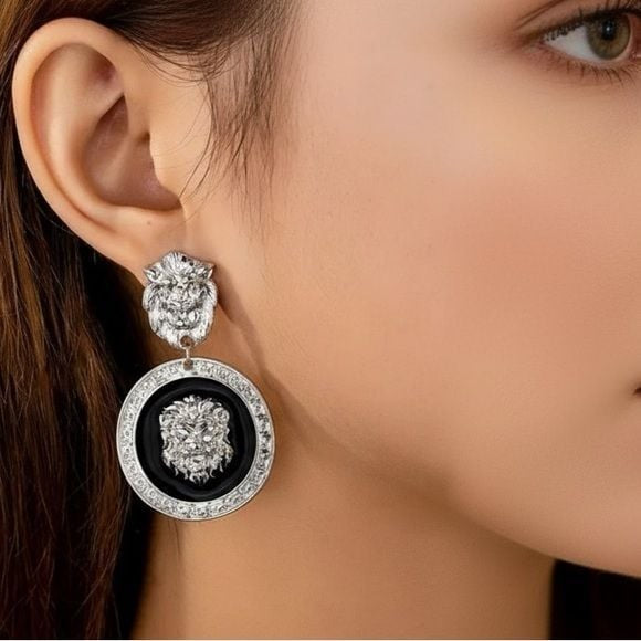 White Luxury Medallion Silver and Black Lionshead Drop Dangle Earrings