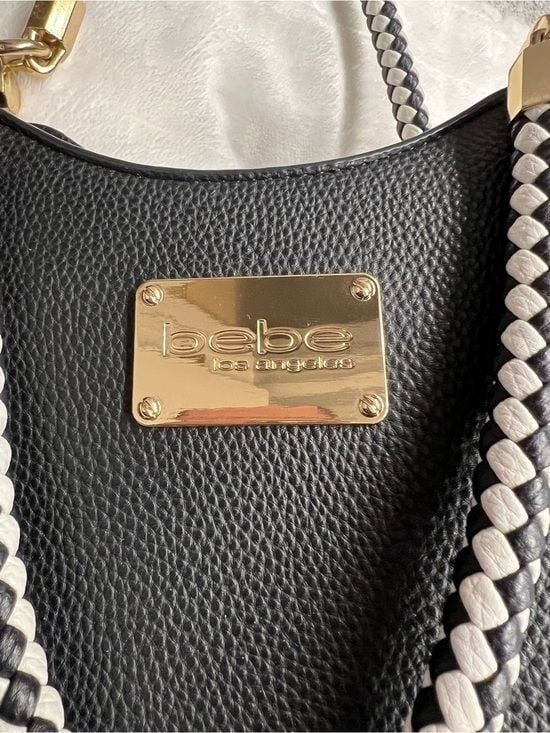 bebe Black Satchel with White Braided Handles and Gold Hardware