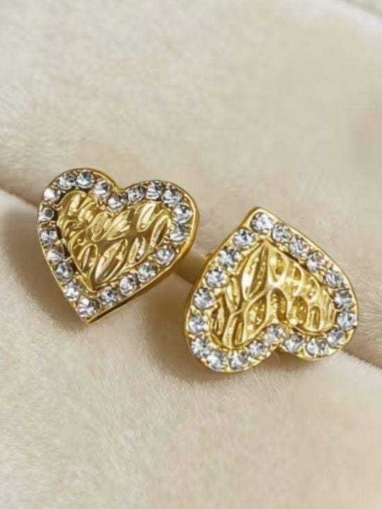 Gold Heart Crystal Halo Stud Earrings - Women's Fashion Jewelry