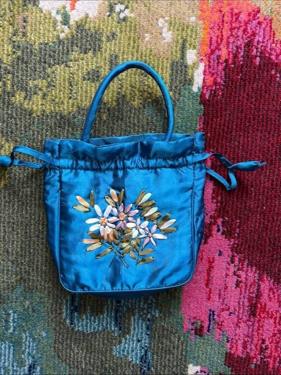 Teal Satin Drawstring Floral Embroidered Women's Handbag