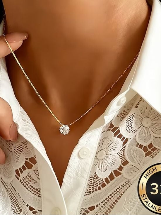 Delicate Solitaire Necklace w Clear Crystal Pendant - Silver Tone