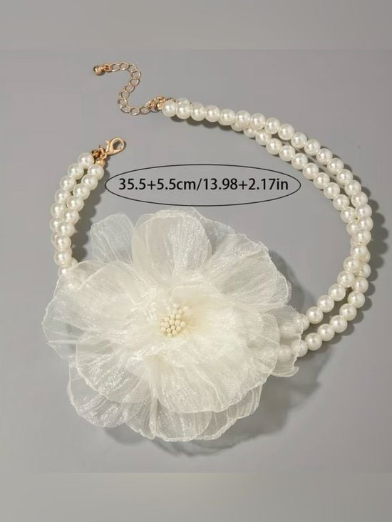 Ivory Double-Strand Pearl Choker with Organza Flower