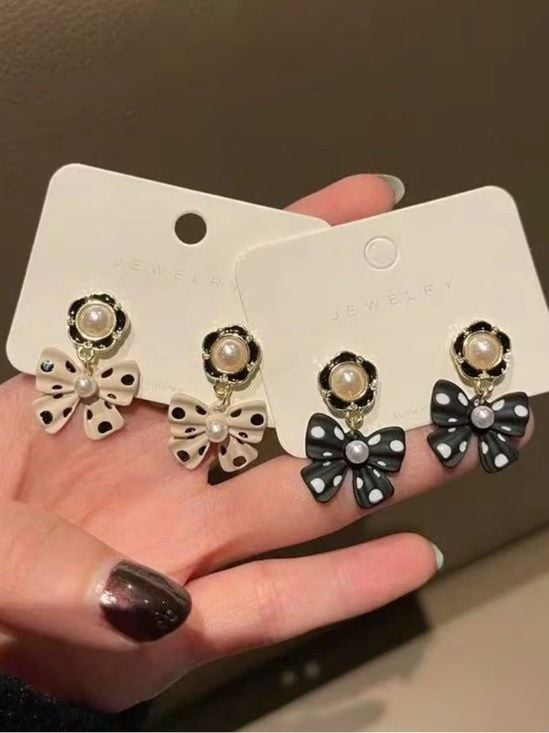 Black White Polka Dot Bow Drop Earrings with Pearl Detail