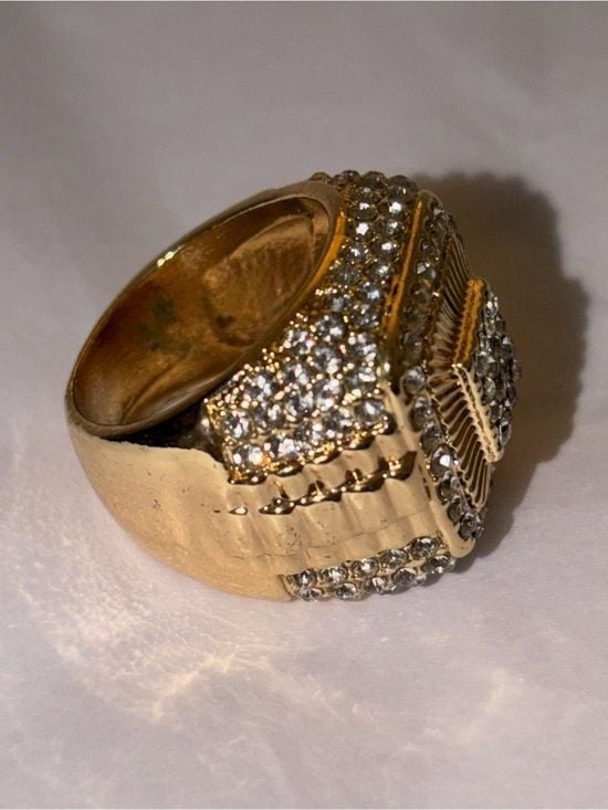 Gold and Silver Men's Pave Cocktail Ring with Clear Stones Sz 8