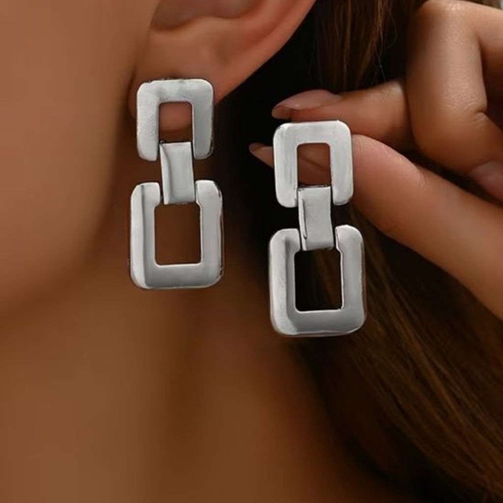 Modern Sculptural Silver Geometric Linked Dangle Earrings