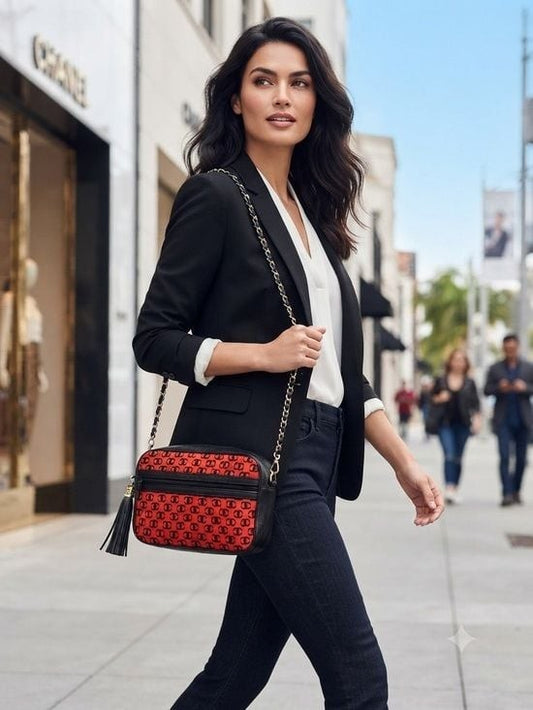 Black & Red Chain Shoulder Bag with Logo Print