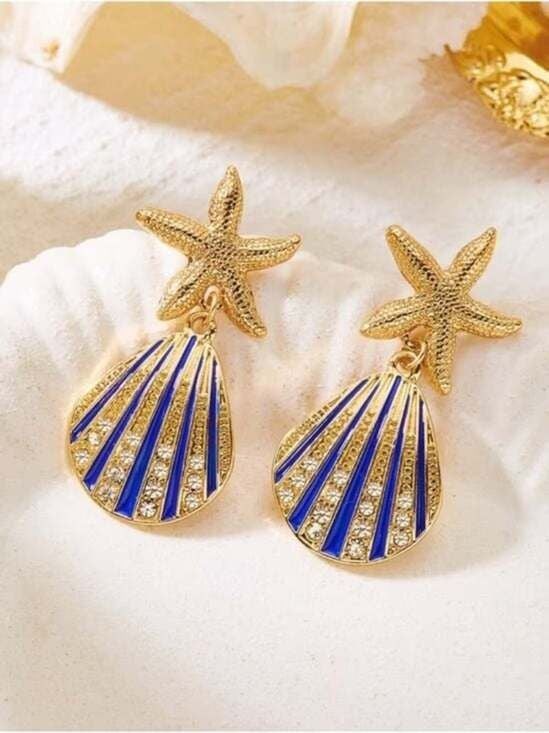 Vacation Themed Gold Blue Shell Earrings with Blue Enamel Shells