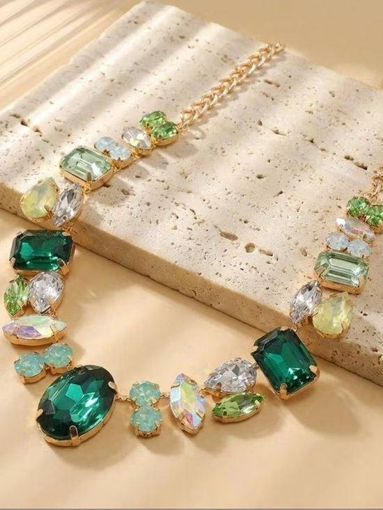 Luxury Emerald Green Crystal Statement Necklace Mixed Cut Collage Collar Gold