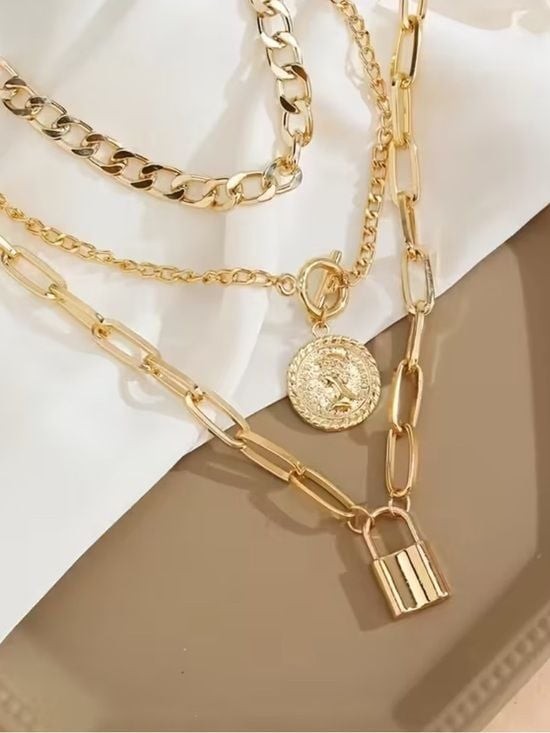 2 x Layered Coin & Lock Pendant Necklace Set Gold