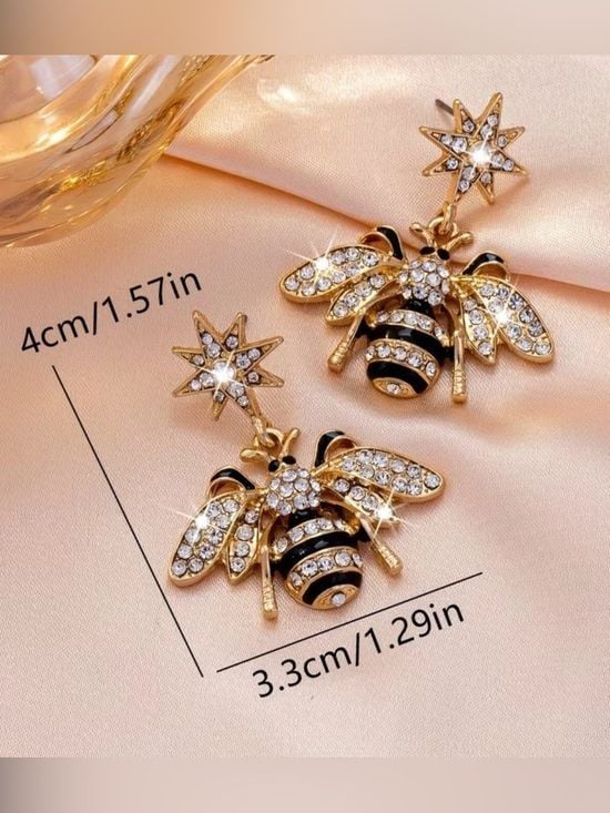Gold Bee Drop Earrings with Black and Clear Crystal Accents
