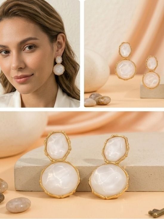 Gold and White Double Drop Gemstone Earrings
