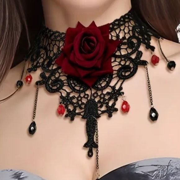 LAST ONE Lulu’s Red Rose & Black Lace Choker Necklace