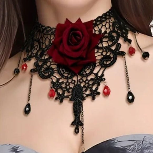 LAST ONE Lulu’s Red Rose & Black Lace Choker Necklace