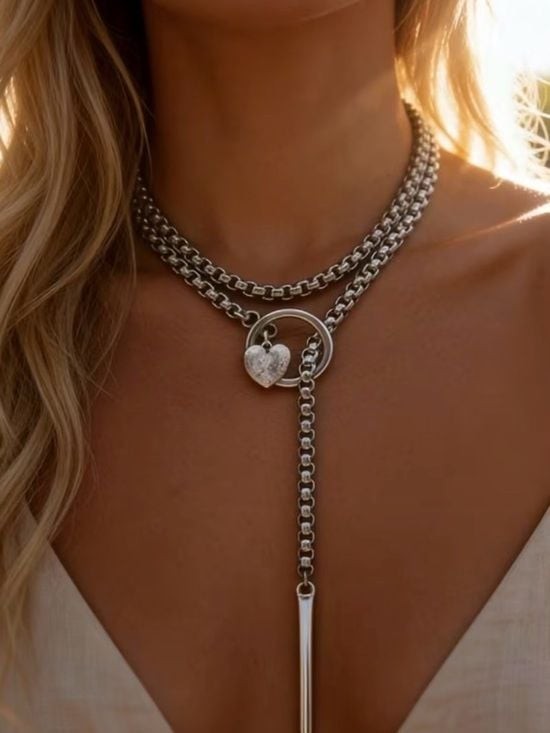 Layered Silver-Tone Heart Pendant Y-Necklace