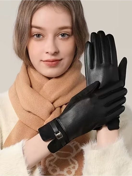 Women's Black Leather Gloves with Silver Accent