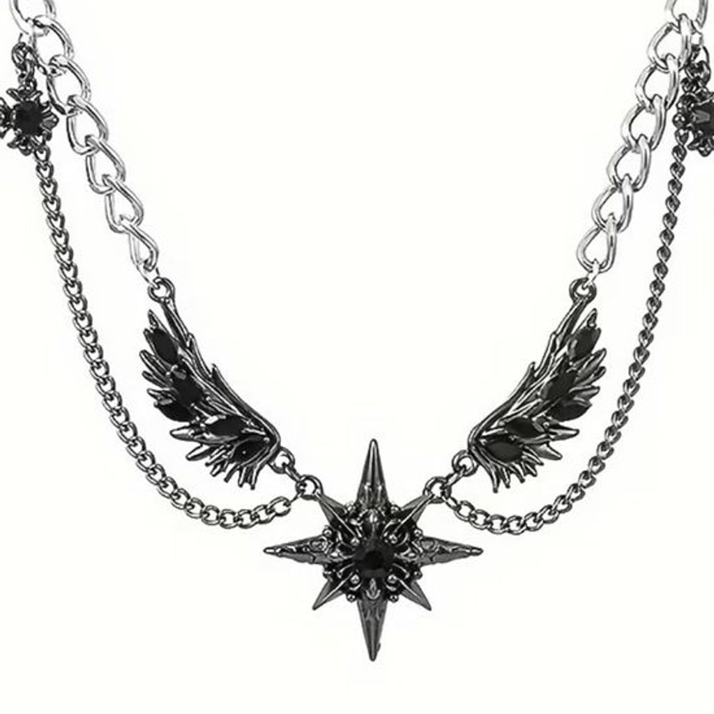 Antique Silver Star & Wing Layered Pendant Necklace