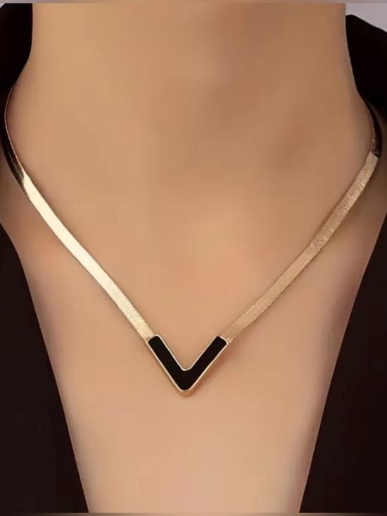 Gold Black Flat V-Shape Herringbone Necklace with Black Inlay - Women's Jewelry