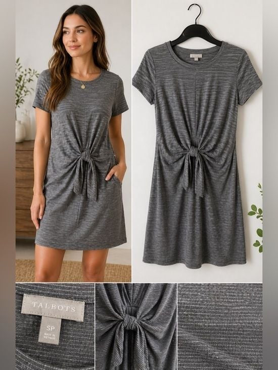 Talbots Charcoal Gray Short Sleeve Tie-Front Mini Dress