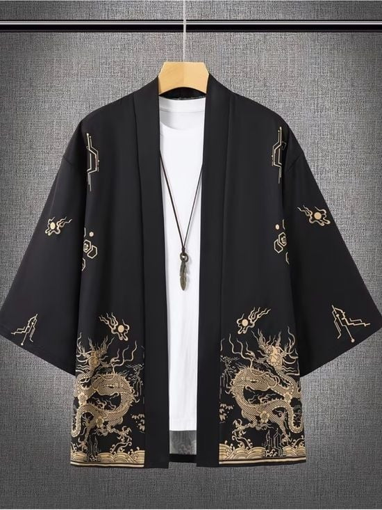 Black Dragon Printed Kimono Jacket Medium