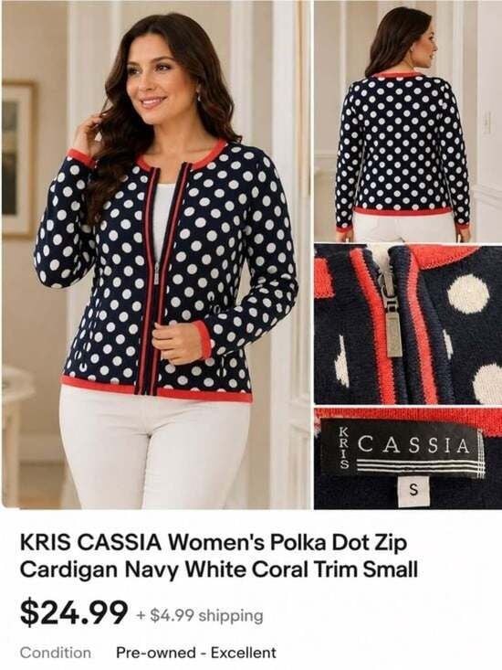 Kris Cassia Navy and White Polka Dot Zip Jacket with Coral Trim Small