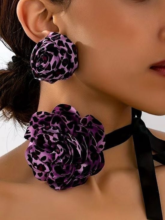 Purple Leopard Jewelry Set  Floral Choker Necklace & Rose Bud Earrings