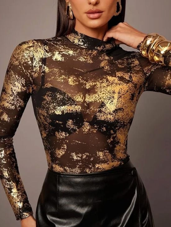 Sheer Long-Sleeve Top with Brocade Metallic Gold Foil - Women Large