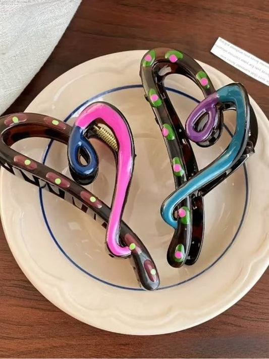 1 x Brown Hair Claw Clip with Pink & Green Accents - Women’s Hair Accessory