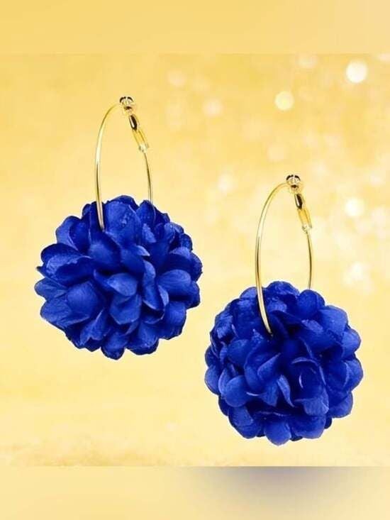 Gold Hoop Earrings with Royal Blue Floral Pom-Pomp