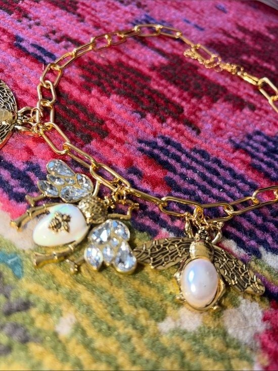 Luxe 3D Gold Bee Pendant Necklace with White Pearl and Crystal Accents